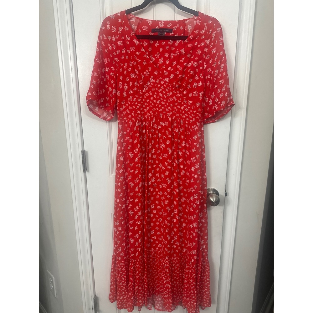 French Connection Red Floral V-Neck Midi Dress Empire Waist Ruffle Hem Size 6 - Picture 2 of 12